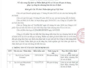 Thông báo về việc cung cấp dịch vụ Thẩm định giá 02 xe ô tô con đã qua sử dụng phục vụ công tác nhượ