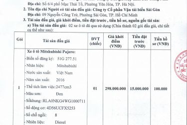 LẦN 2: Đấu giá Xe ô tô Toyota Fortuner của Công ty Cổ phần Vận tải biển Sài Gòn
